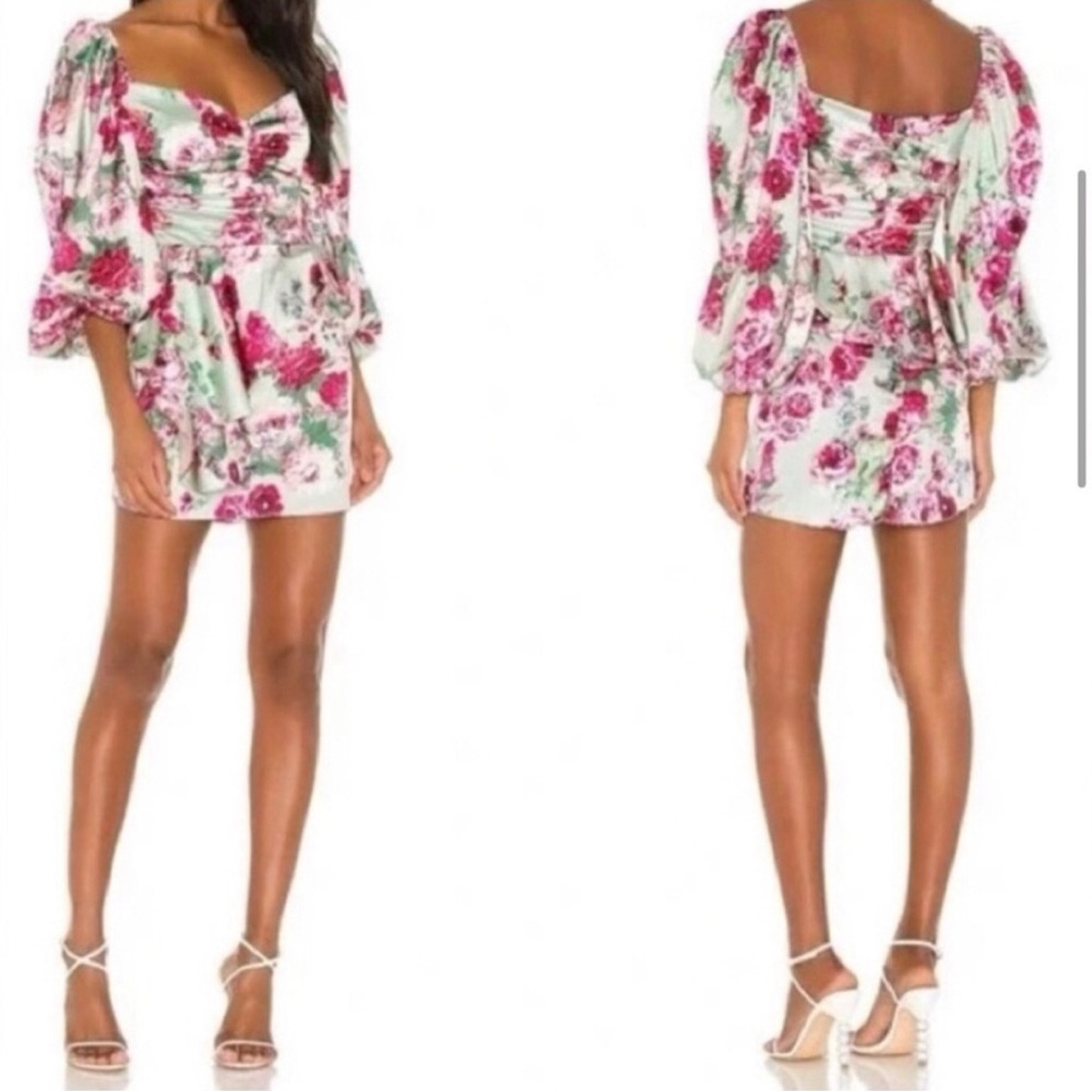 For Love & Lemons Robin Puff Sleeve Mint Floral Mini Dress Size Medium